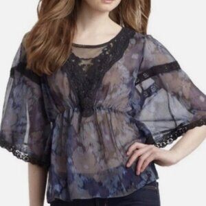 Free People Daydreamer Sheer Chiffon Blue Watercolor Crochet Lace Batwing Top
